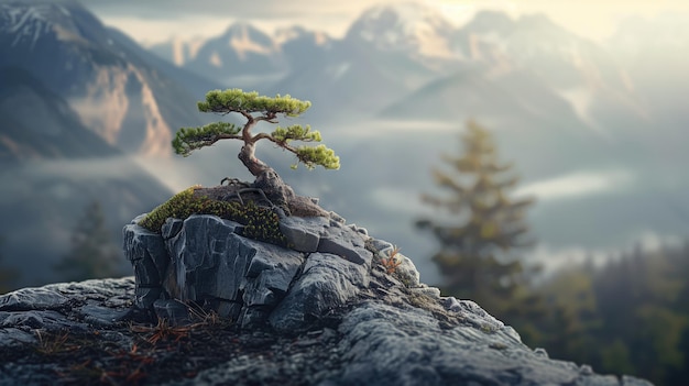 Een bonsai op een klif met uitzicht op mistige bergen