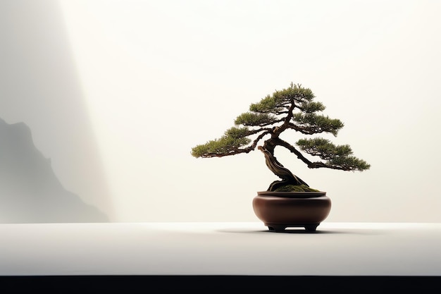 Een bonsaiboompje in een pot met het woord bonsai erop