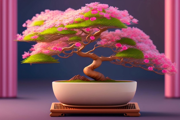 Een bonsaiboompje met roze bloemen in een pot