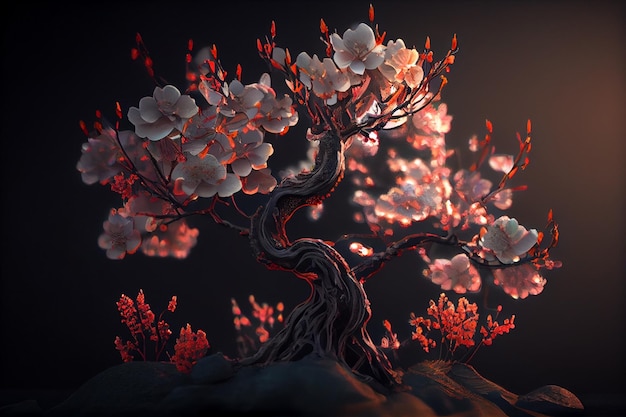Een bonsaiboompje met witte bloemen en rode bladeren, Generative AI