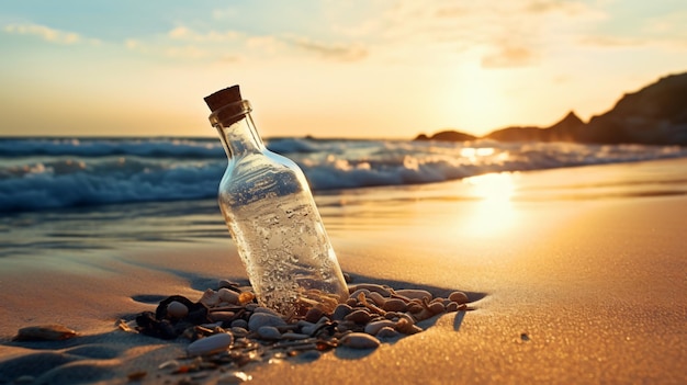 Een boodschap in een glazen fles met een kurk die wegspoelt