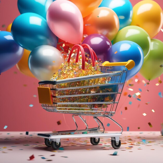 Foto een boodschappentas en een winkelwagentje met ballonnen en confetti op gekleurde achtergrond