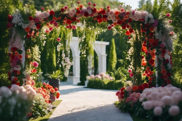 een boog met bloemen en een deur die bruid zegt