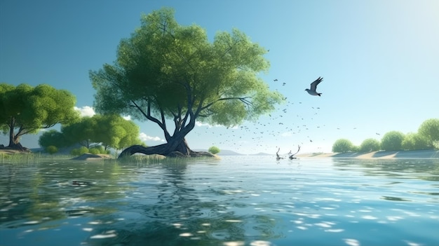 Een boom aan het water met vogels die erboven vliegen