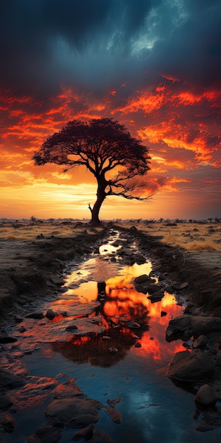 een boom bij de zonsondergang