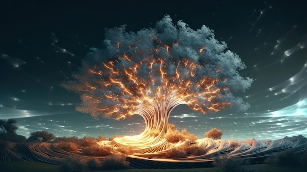 Een boom brandt met een wolk op de bodem