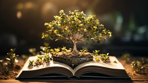 Foto een boom die groeit op een open boek