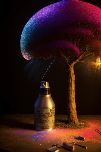 Foto een boom die naast een fles op een tafel is