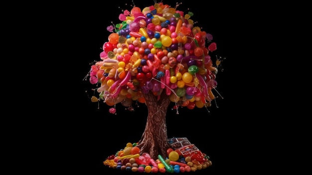 Een boom gevuld met veel verschillende gekleurde snoepjes