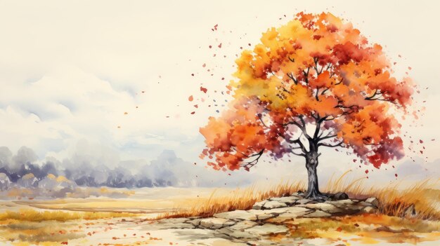 Foto een boom in de herfst waterverf spetter effect warme tonen ai generatieve