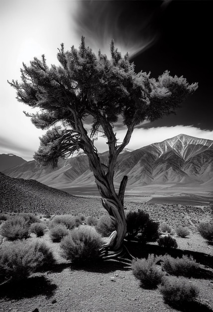 Een boom in de woestijn met bergen op de achtergrond