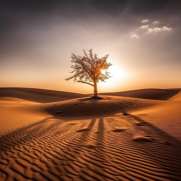 een boom in de woestijn met de zon die door de wolken schijnt.