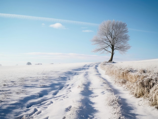 een boom in een besneeuwd veld met een hemelachtergrond