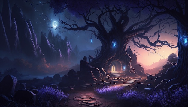 Een boom in een paars bos met een blauwe maan en een huis met een paarse maan op de bodem.