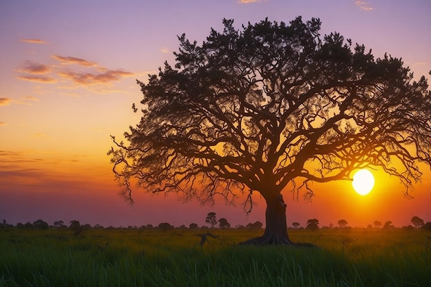 Een boom in een veld met daarachter de ondergaande zon