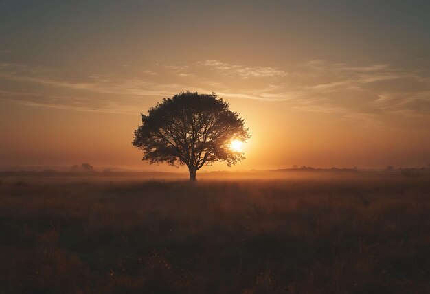 een boom in een veld met de zon achter zich