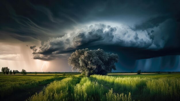 Foto een boom in een veld met een onweerswolk