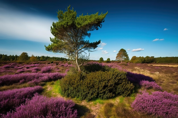 Een boom in een veld met paarse bloemen