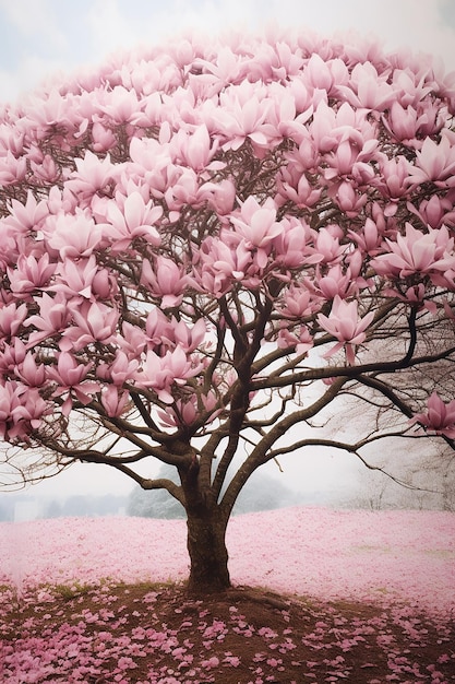 Foto een boom in een veld met roze bloemen.