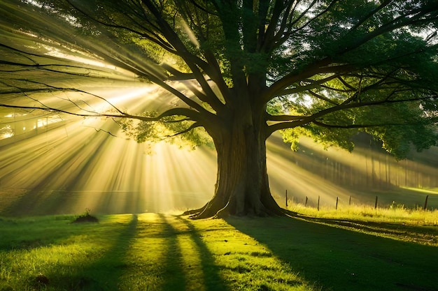 Een boom met de zon die door de takken schijnt