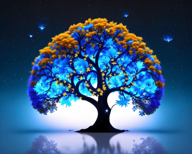Een boom met een blauwe en oranje achtergrond
