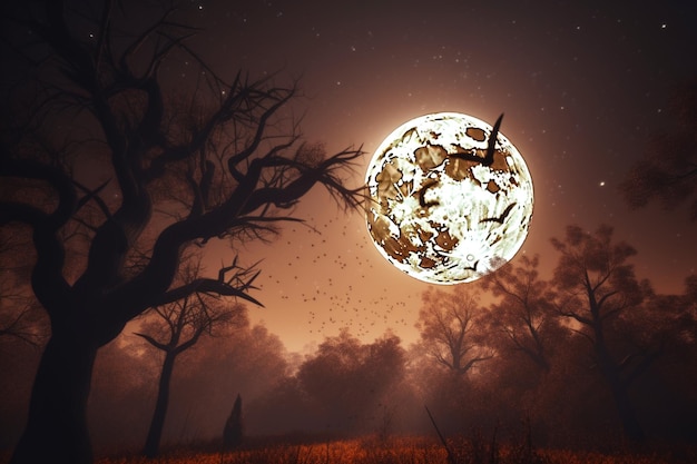 Een boom met een maan en een boom met een spookachtige maan op de achtergrond