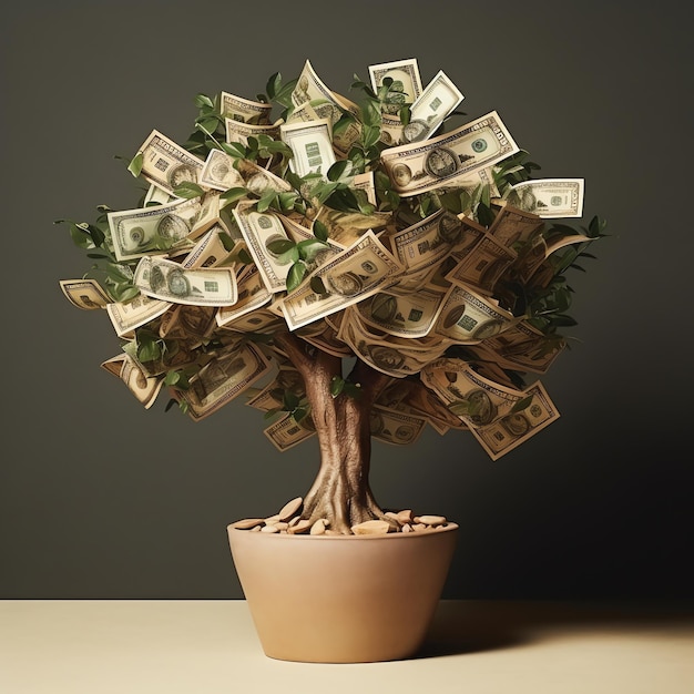 Een boom met geld erop die op tafel staat