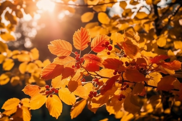 Een boom met gele bladeren en rode bessen in het zonlicht