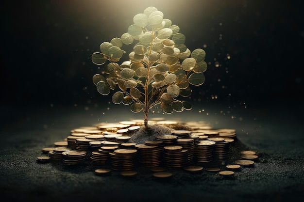 Foto een boom met gouden munten erop en onderaan het woord geld