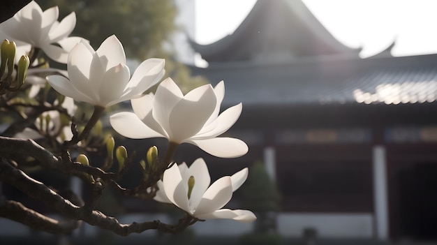 Een boom met op de achtergrond een Chinese tempel