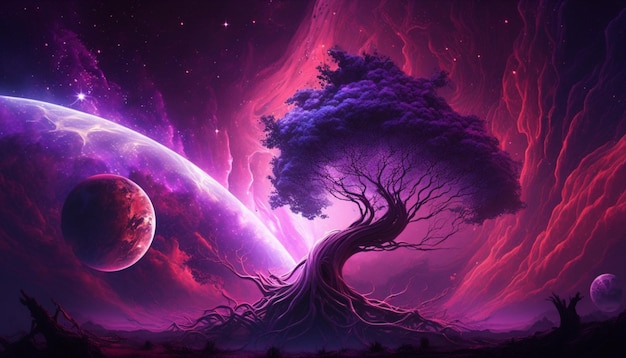 Een boom met paarse en paarse kleuren en een planeet op de achtergrond