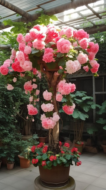 Een boom met roze bloemen in een tuin