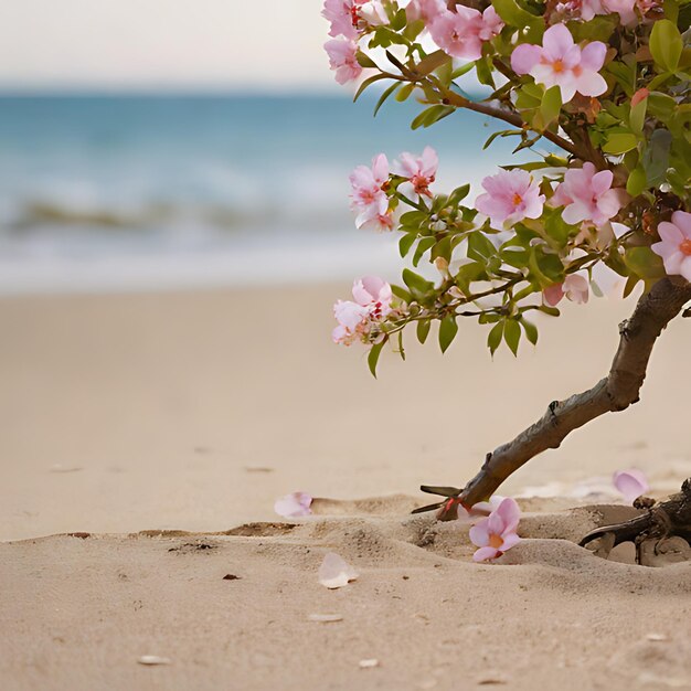 een boom met roze bloemen in het zand en de oceaan op de achtergrond