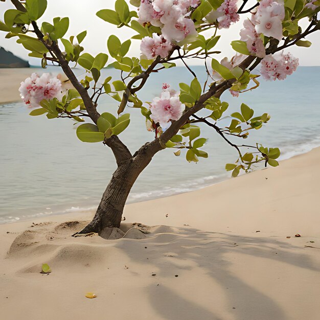 een boom met roze bloemen in het zand op een strand