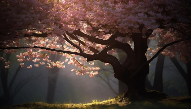 Een boom met roze bloemen in het zonlicht