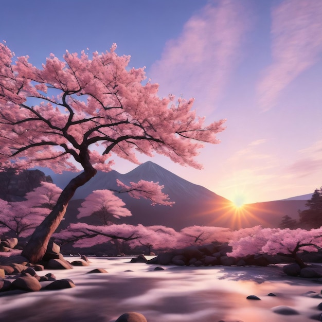 Een boom met roze bloemen is in een rivier met bergen op de achtergrond.