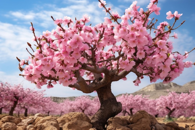 Een boom met roze bloemen op de achtergrond