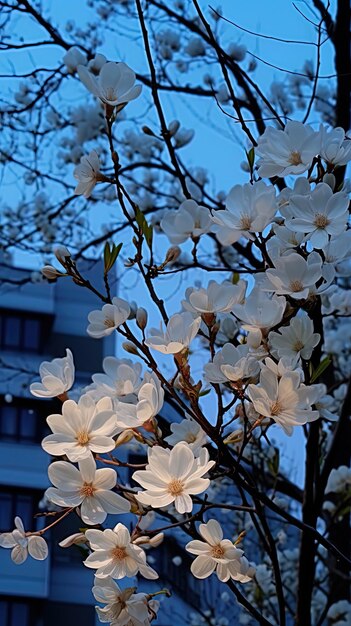 een boom met witte bloemen die de lente zegt