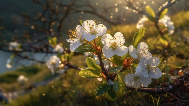 Een boom met witte bloemen in het zonlicht