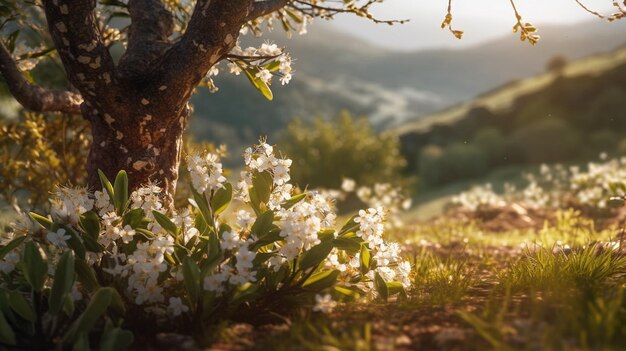 Een boom met witte bloemen op de voorgrond met een berg op de achtergrond.