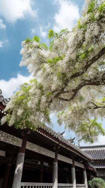 Een boom met witte bloemen voor een gebouw