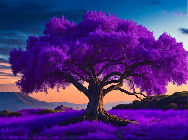 Een boom omringd door levendige paarse bloemen