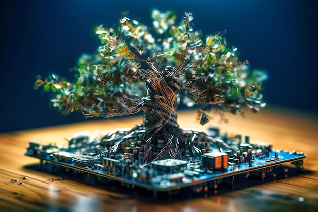 Een boom ontspruit uit een printplaat van een computer en symboliseert de versmelting van natuur en technologie te midden van een witte en blauwe achtergrond