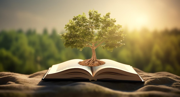 Foto een boom op de top van boeken in de stijl van natuur en onderwijs