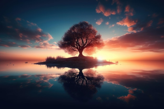 Een boom op een eiland met daarachter de ondergaande zon