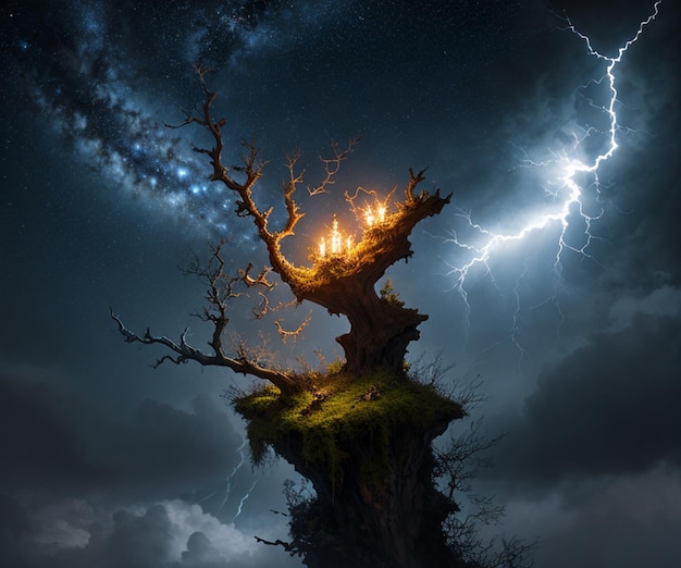 Een boom op een heuvel met een blikseminslag op de achtergrond