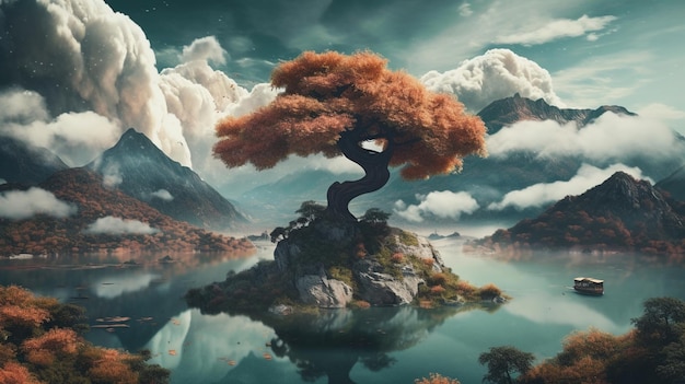 Een boom op een klein eiland met een meer en bergen op de achtergrond