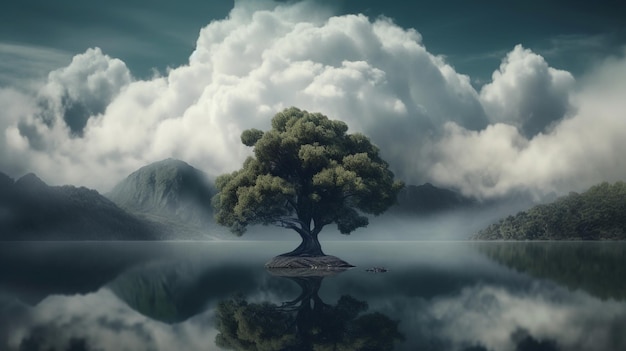Een boom op een klein eiland midden in een meer met wolken en bergen op de achtergrond