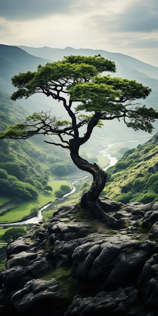 een boom op een klif waar een rivier doorheen stroomt