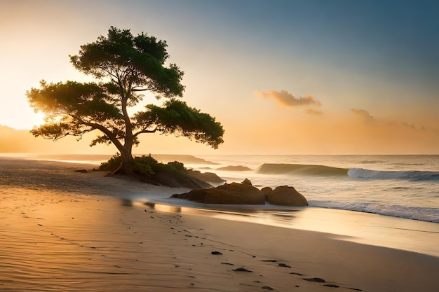 Een boom op het strand bij zonsondergang